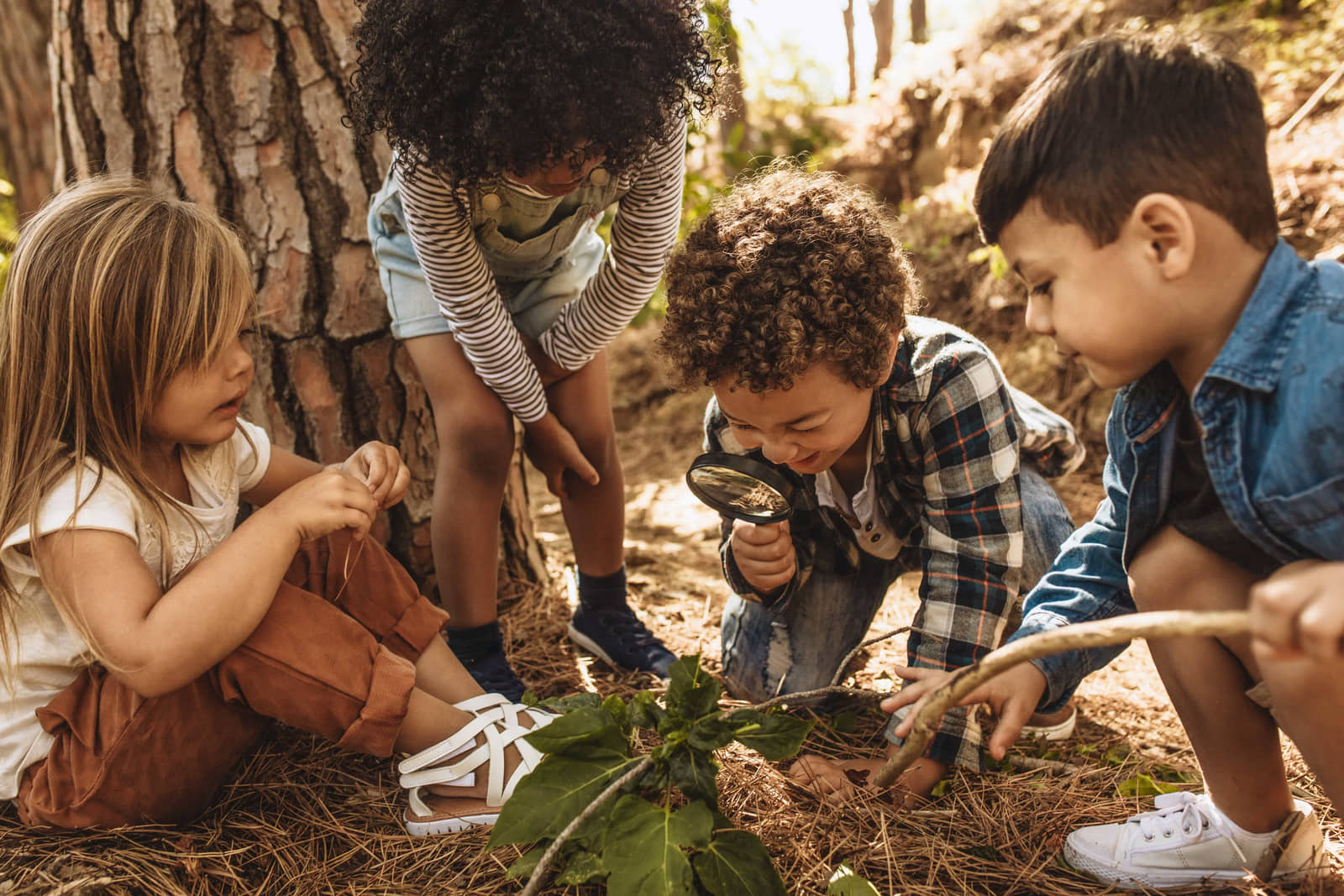 Children exploring nature together with a magnifying glass